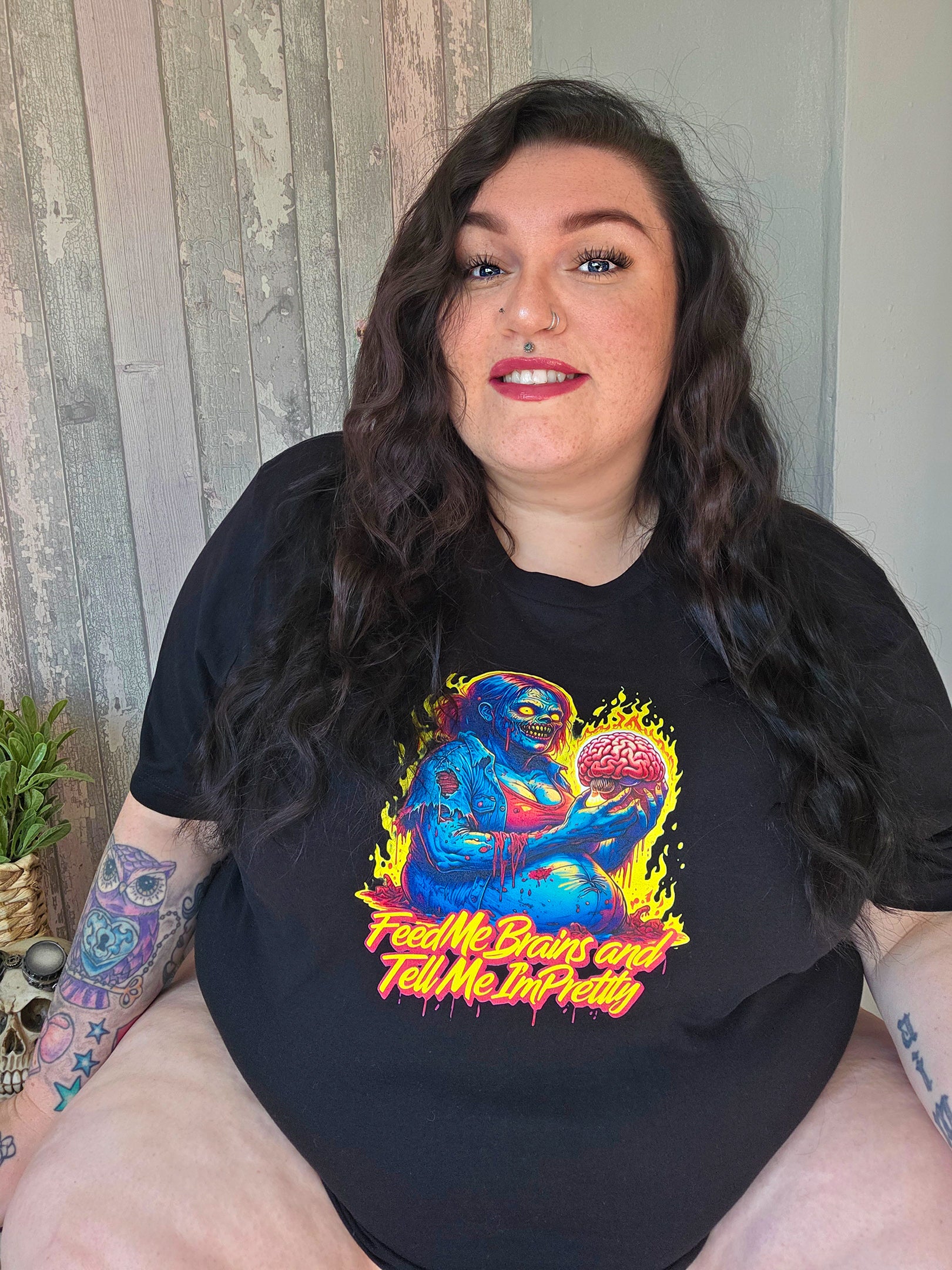 Feed Me Brains Shirt, Zombie Girl Tee, Horror Plus Size T-Shirt, Halloween Graphic Tee, Curvy Zombie Shirt, Creepy Cute Unisex Tee
