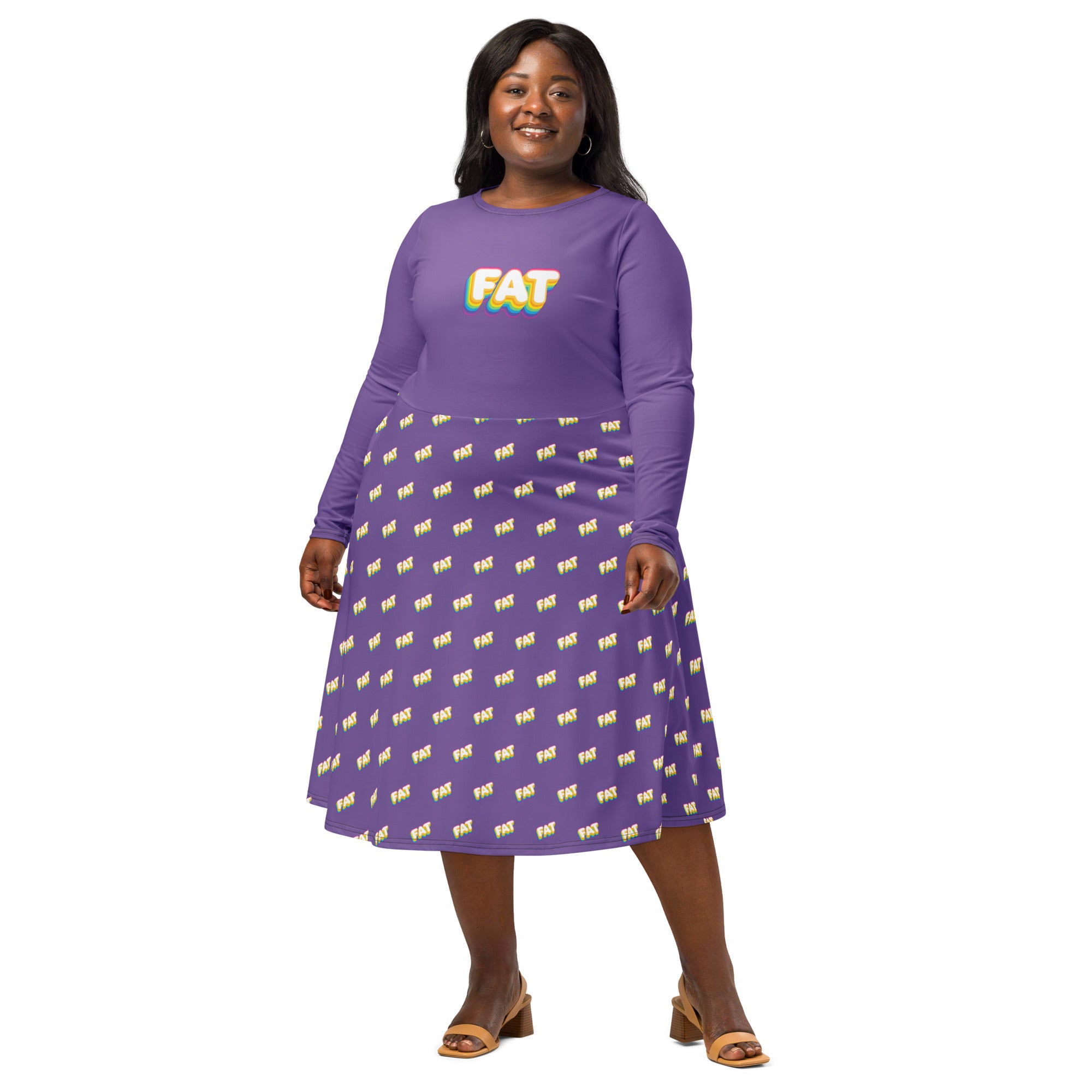 FAT Pride Midi Dress – Bold Curvy Rainbow Lettering with All-Over Print Skirt | Sizes Up to 6XL