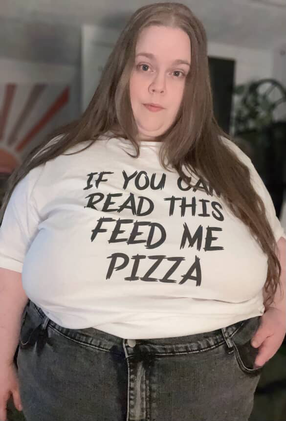 If You Can Read This Feed Me Pizza Tee | Double-Sided Feed Me T-Shirt | Curvy Body Positive Apparel | Get Thicker Stickers