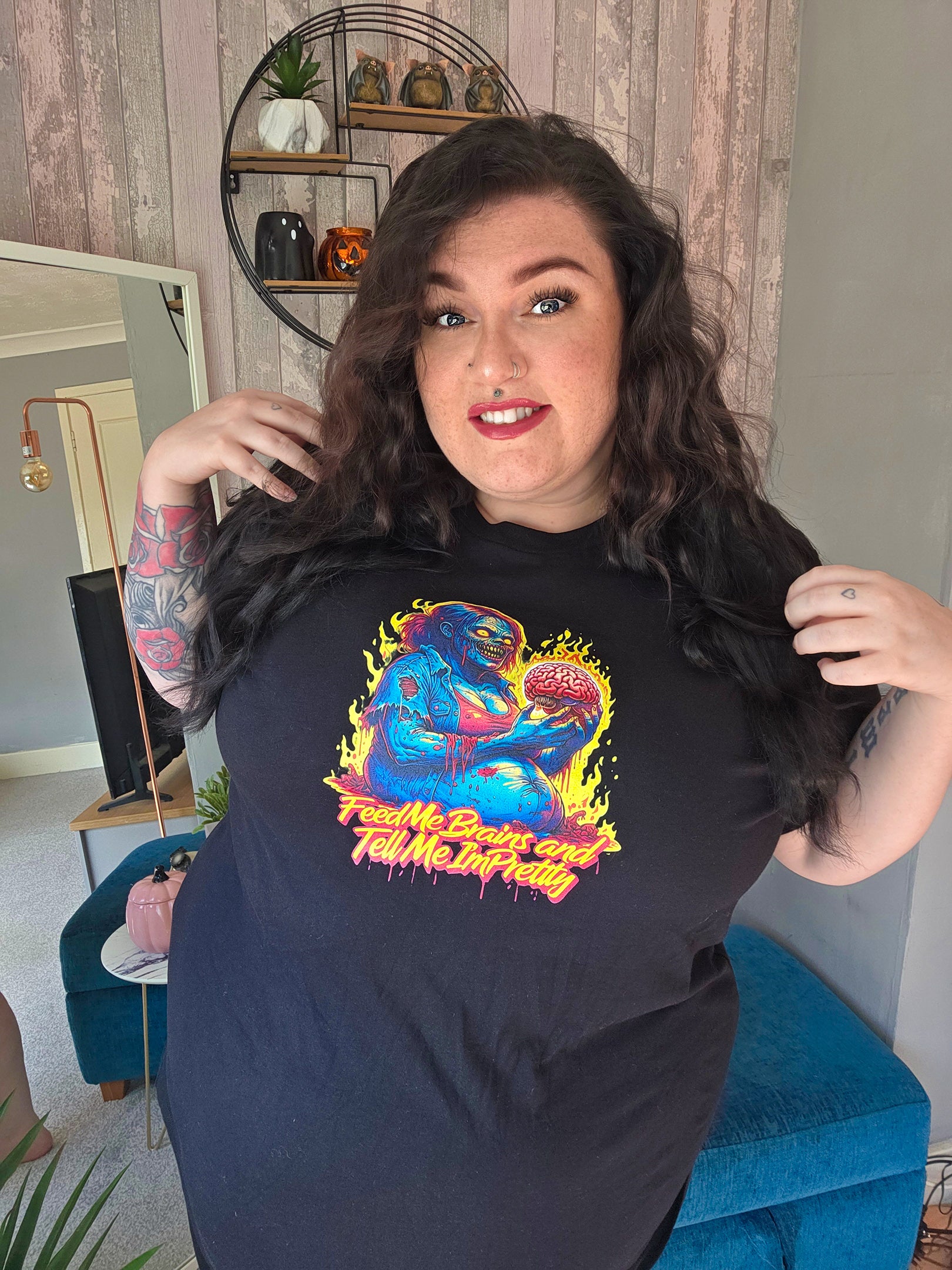 Feed Me Brains Shirt, Zombie Girl Tee, Horror Plus Size T-Shirt, Halloween Graphic Tee, Curvy Zombie Shirt, Creepy Cute Unisex Tee