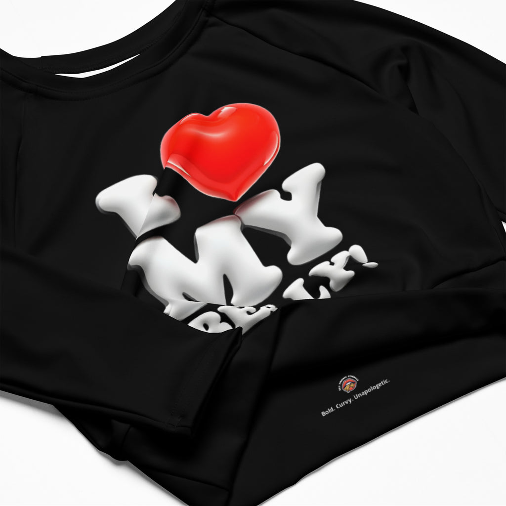 I Love My Belly Crop Top – Plus Size Long Sleeve, Eco-Friendly Recycled Fabric, Body Positive Activewear, Athleisure & Swim